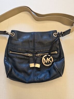 Michael Kors Blue Leather Crossbody with Gold MK Logo Charm